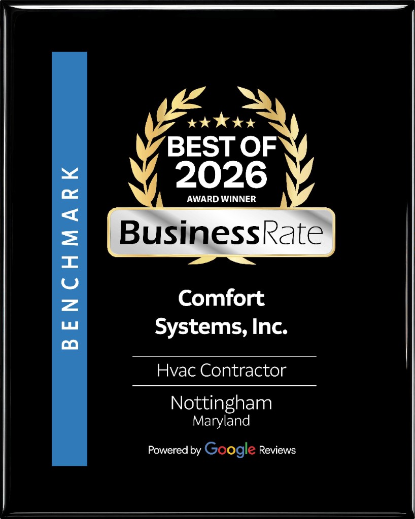 BusinessRate Best of 2026 Award Winner plaque for Comfort Systems, Inc., HVAC contractor, powered by Google Reviews